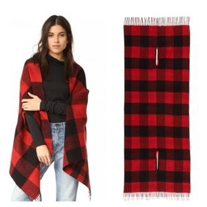 Madewell Buffalo Check Cape Scarf Black Red Plaid Wool Shawl One size Fringe